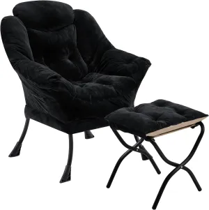 Fabric Lazy Chair with Ottoman, Oversized Upholstered Sofa Chair for Adults, Plush Comfy Lounge Chair with Large Side Storage Pocket, Reading Chair for Living Room, Bedroom, Study Room, Black