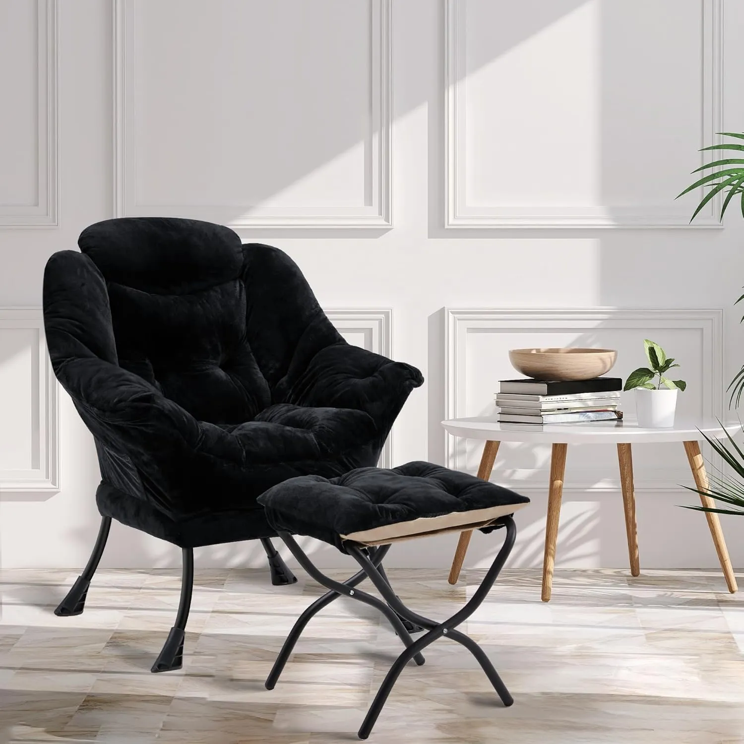 Fabric Lazy Chair with Ottoman, Oversized Upholstered Sofa Chair for Adults, Plush Comfy Lounge Chair with Large Side Storage Pocket, Reading Chair for Living Room, Bedroom, Study Room, Black