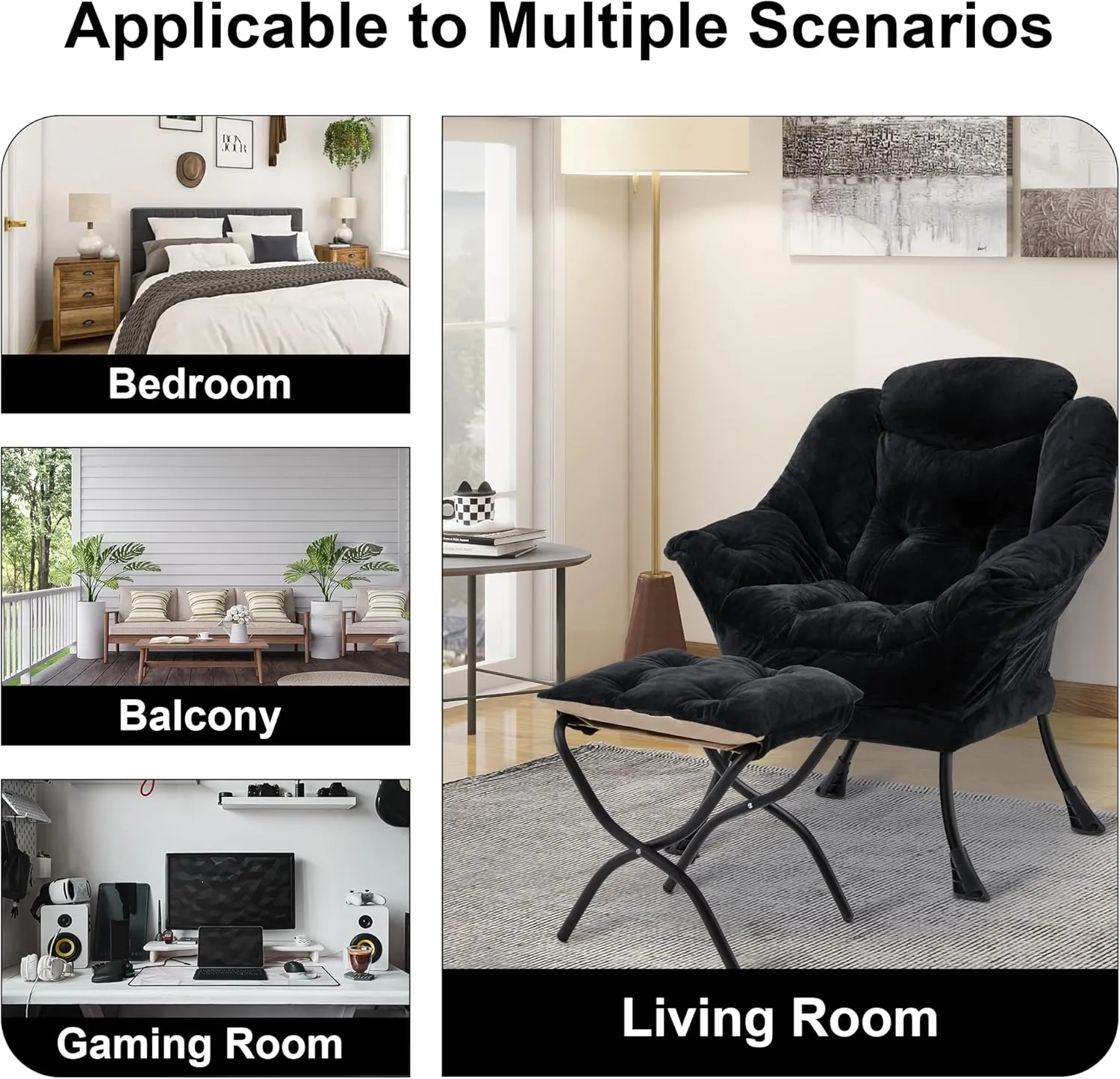 Fabric Lazy Chair with Ottoman, Oversized Upholstered Sofa Chair for Adults, Plush Comfy Lounge Chair with Large Side Storage Pocket, Reading Chair for Living Room, Bedroom, Study Room, Black
