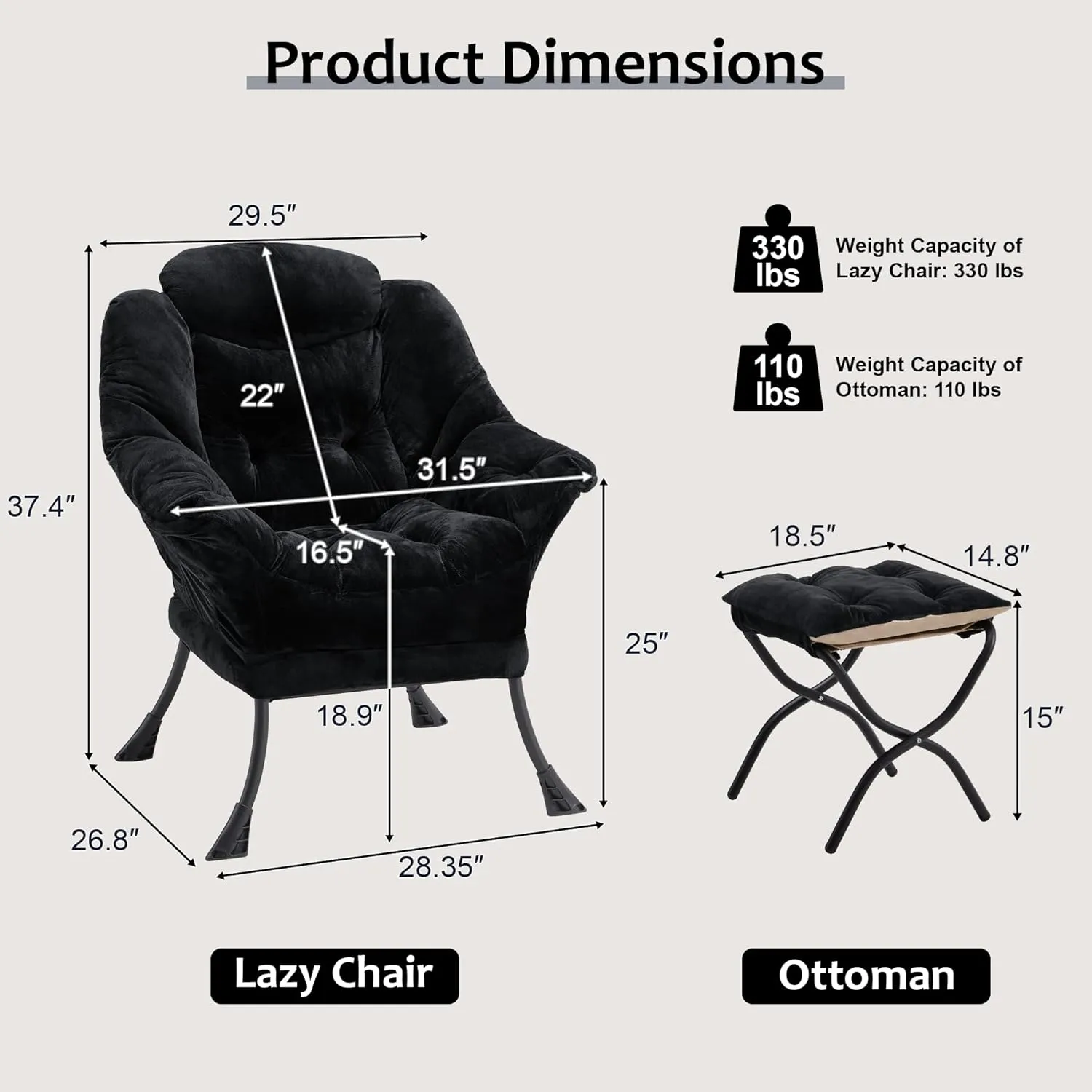 Fabric Lazy Chair with Ottoman, Oversized Upholstered Sofa Chair for Adults, Plush Comfy Lounge Chair with Large Side Storage Pocket, Reading Chair for Living Room, Bedroom, Study Room, Black