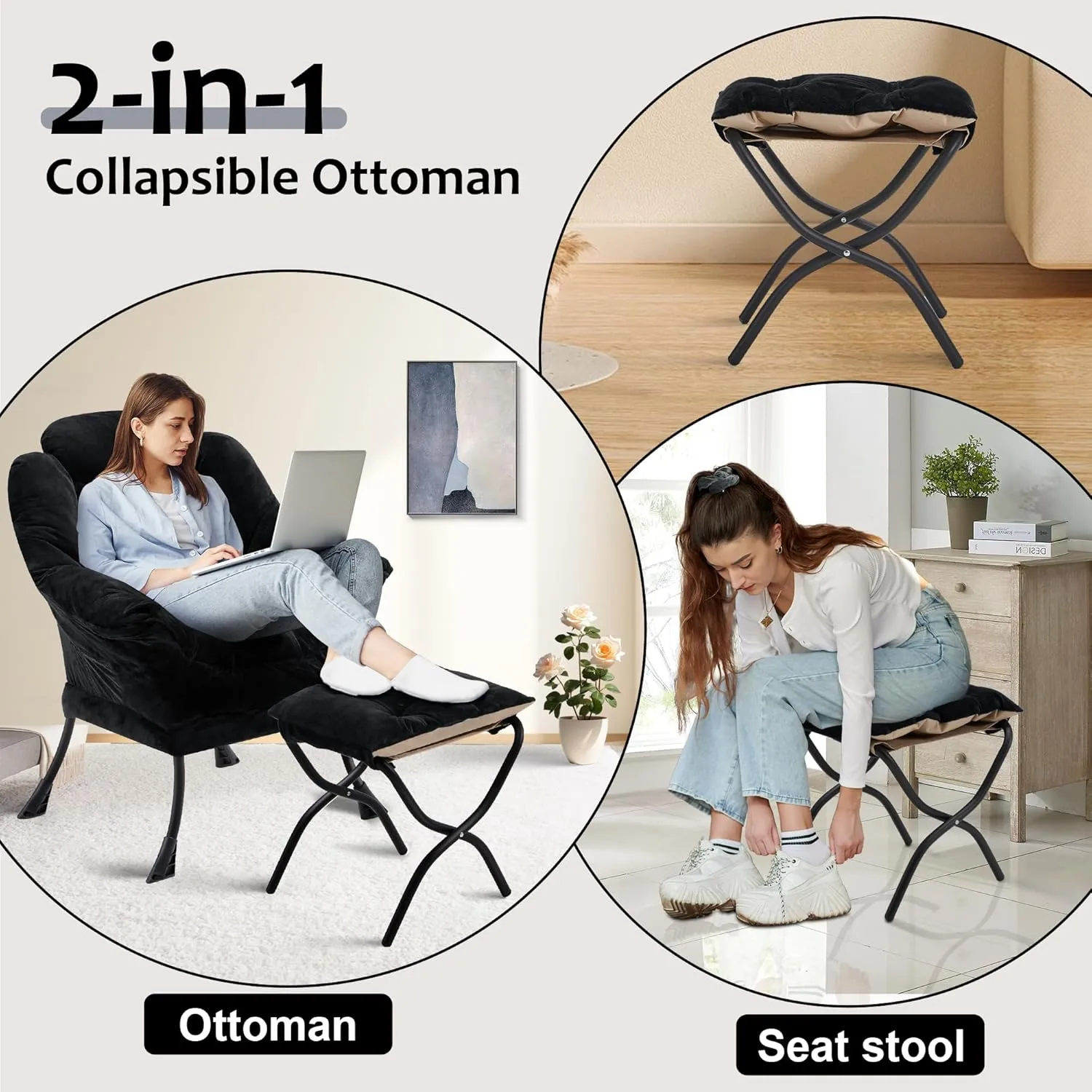 Fabric Lazy Chair with Ottoman, Oversized Upholstered Sofa Chair for Adults, Plush Comfy Lounge Chair with Large Side Storage Pocket, Reading Chair for Living Room, Bedroom, Study Room, Black