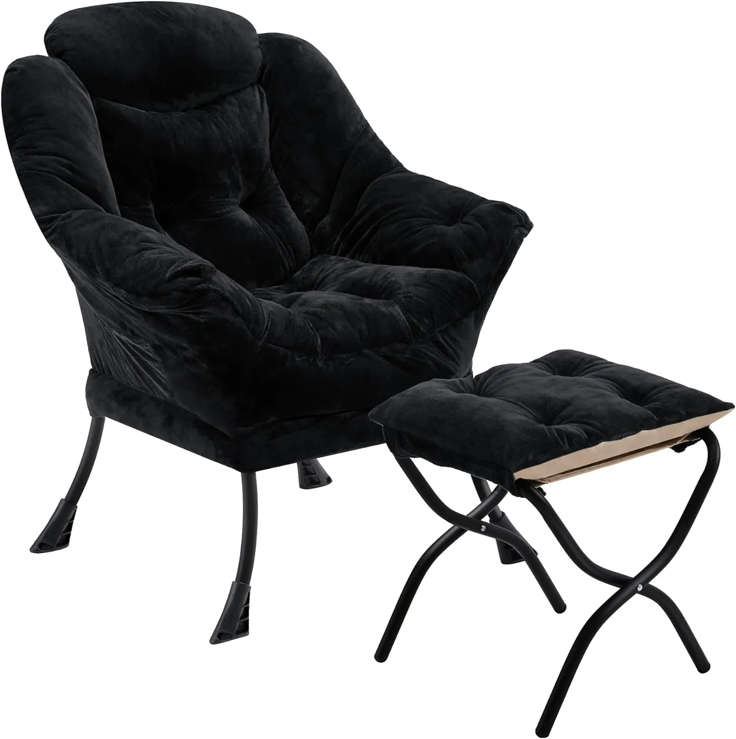 Fabric Lazy Chair with Ottoman, Oversized Upholstered Sofa Chair for Adults, Plush Comfy Lounge Chair with Large Side Storage Pocket, Reading Chair for Living Room, Bedroom, Study Room, Black