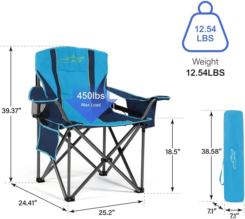 FAIR WIND Oversized Fully Padded Camping Chair with Lumbar Support, Heavy Duty Cooler Bag Fold Chair Support 450 LBS, Green