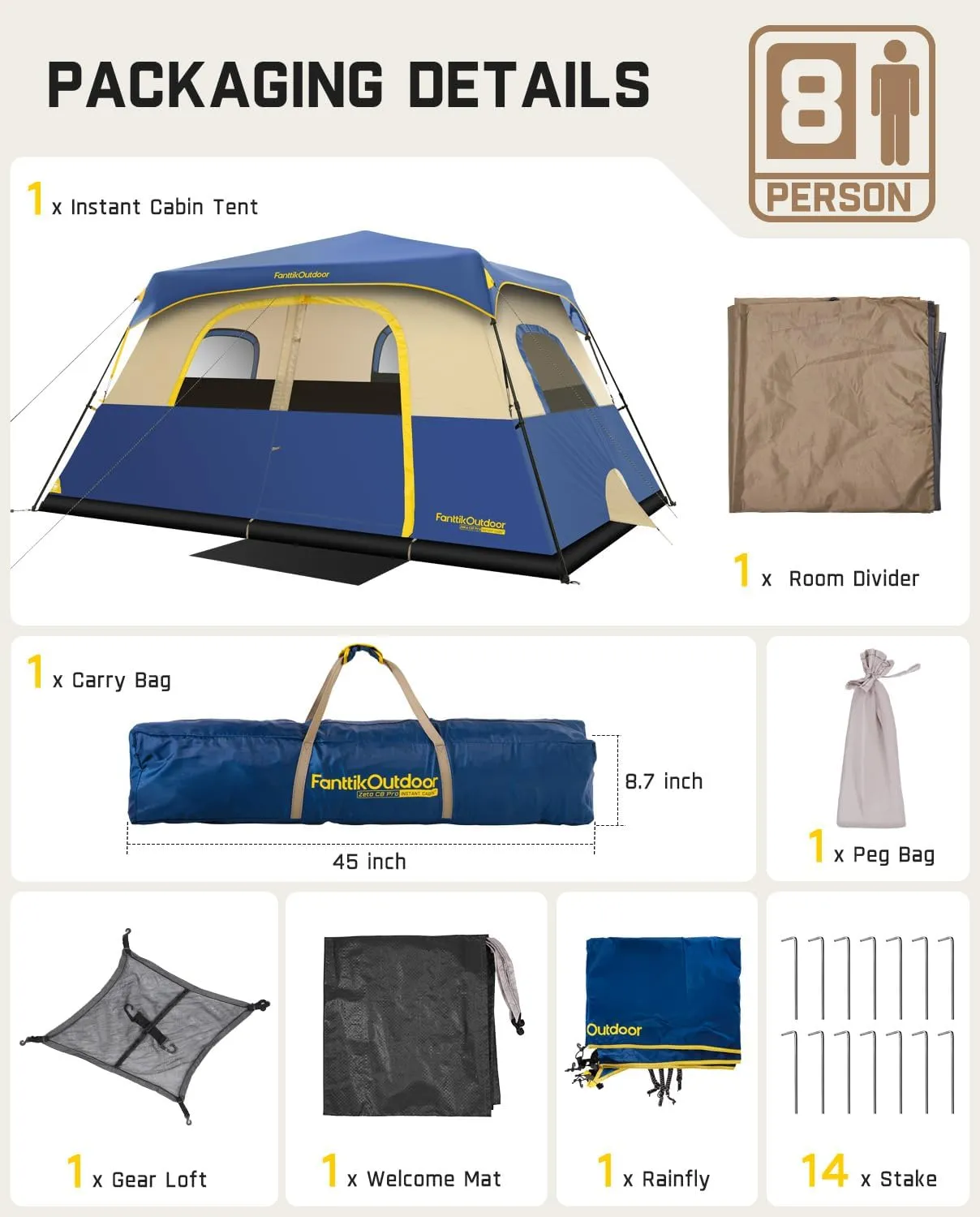 FanttikOutdoor Camping Tent 4/6/8/10 Person Instant Cabin Tent Setup in 60 Seconds with Rainfly & Windproof Portable with Carry Bag for Family Camping & Hiking, Upgraded Ventilation
