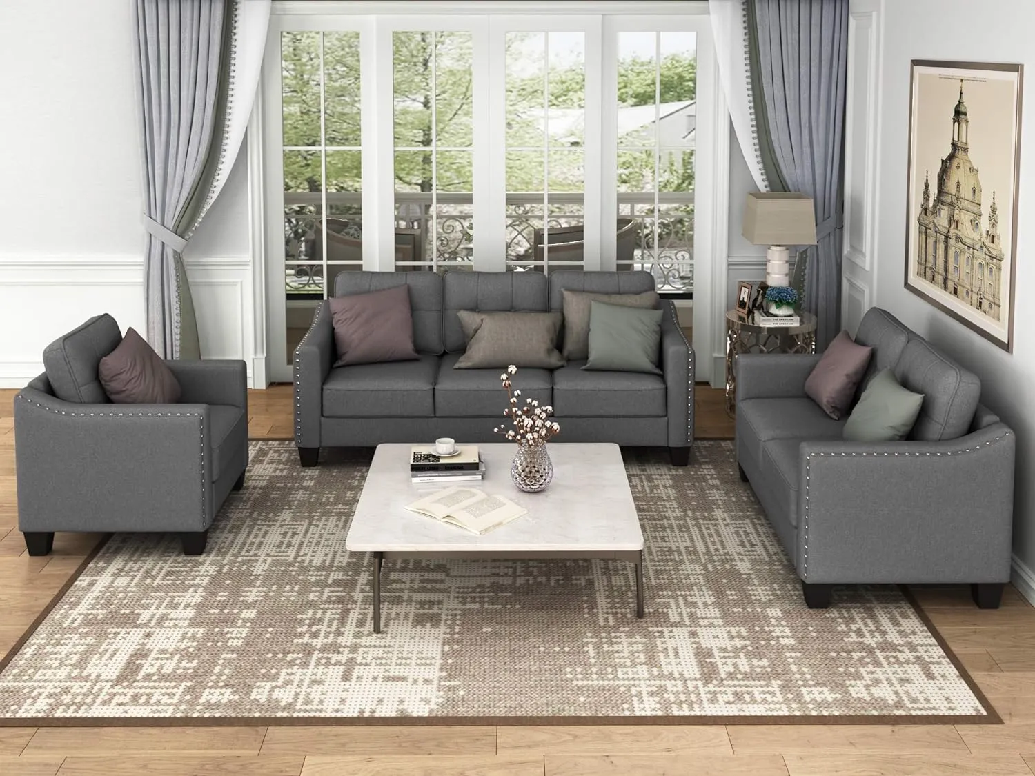 FANYE 3 Pieses Living Room Sofa Sets Linen Blend Button Tufted Retro Sofa&Couch Include 3 Seaters Couch, Loveseat and Armchair with Waved Armrests and Nailhead Decor for Home Apartment Office