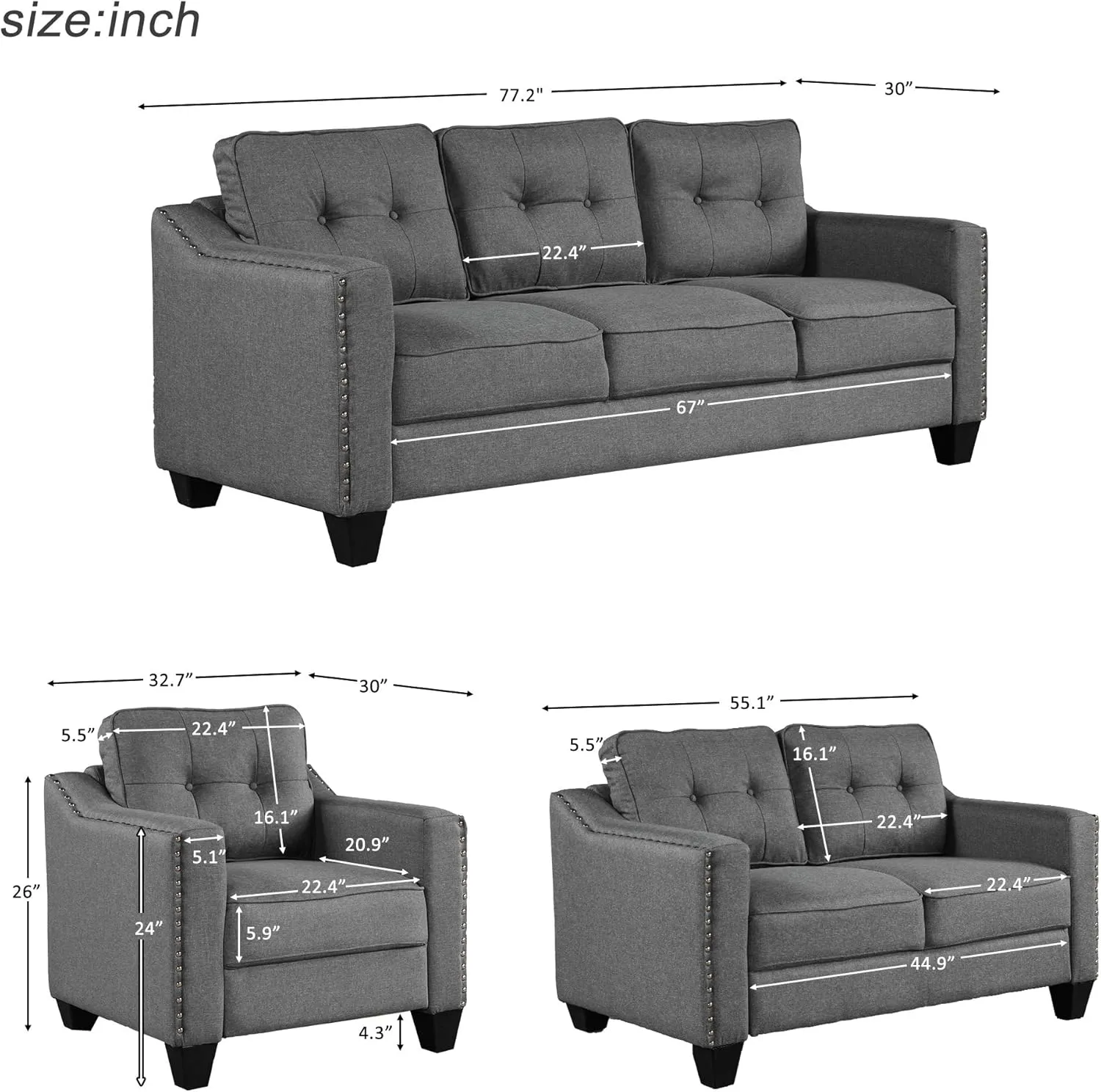 FANYE 3 Pieses Living Room Sofa Sets Linen Blend Button Tufted Retro Sofa&Couch Include 3 Seaters Couch, Loveseat and Armchair with Waved Armrests and Nailhead Decor for Home Apartment Office