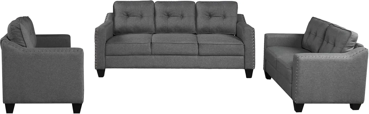 FANYE 3 Pieses Living Room Sofa Sets Linen Blend Button Tufted Retro Sofa&Couch Include 3 Seaters Couch, Loveseat and Armchair with Waved Armrests and Nailhead Decor for Home Apartment Office