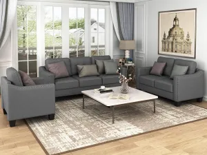 FANYE 3 Pieses Living Room Sofa Sets Linen Blend Button Tufted Retro Sofa&Couch Include 3 Seaters Couch, Loveseat and Armchair with Waved Armrests and Nailhead Decor for Home Apartment Office