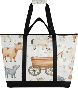 Farm Animals Reusable Insulated Lunchbox Cooler Bag, Leakproof Kitchen Grocery Bag Collapsible Portable Cooler Tote Bag for Picnic, Camping, Office, Travel