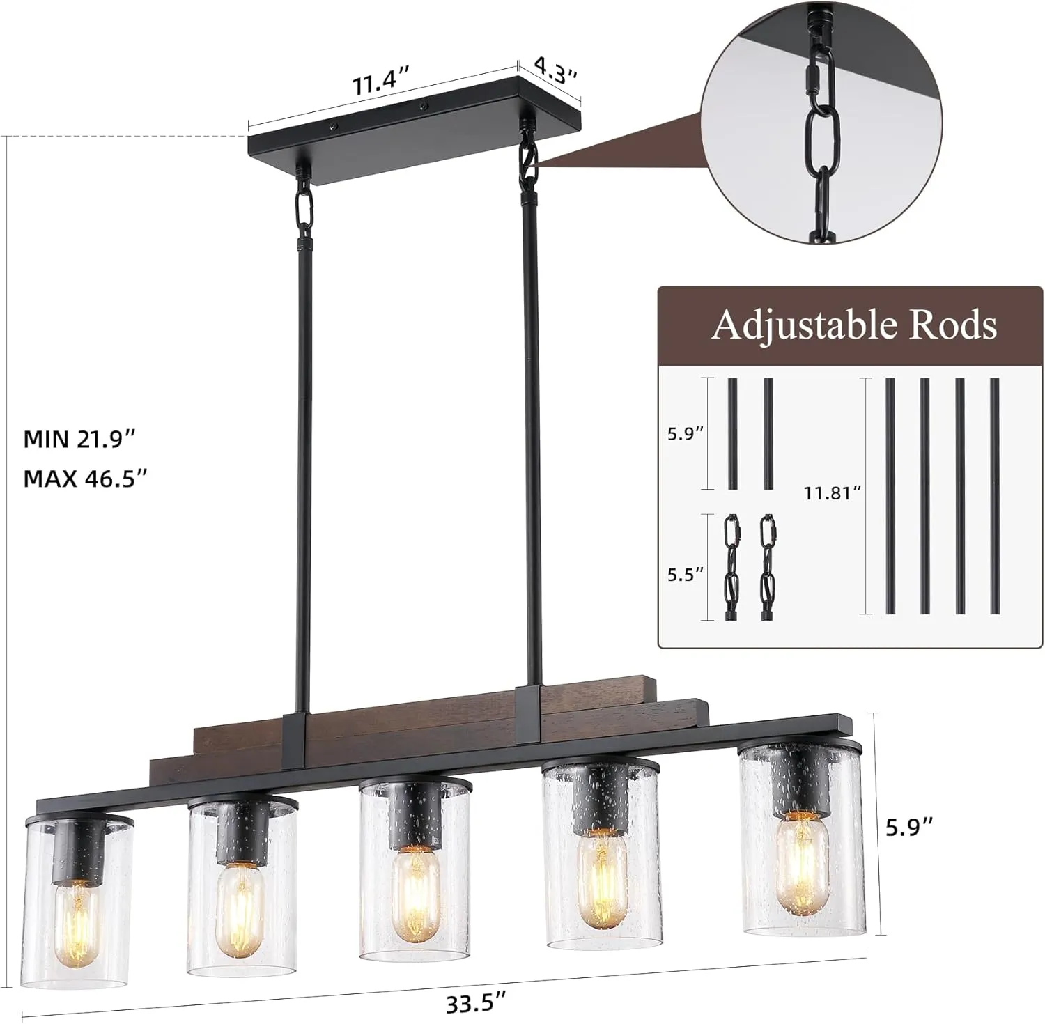 Farmhouse Wood Kitchen Island Lighting, 5-Light Adjustable Chandelier for Dining Room, Seeded Glass Shade Dining Room Light Fixture Over Table, Black Hanging Pendant Lights for Kitchen, Pool Table