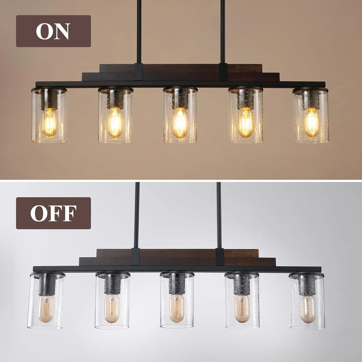 Farmhouse Wood Kitchen Island Lighting, 5-Light Adjustable Chandelier for Dining Room, Seeded Glass Shade Dining Room Light Fixture Over Table, Black Hanging Pendant Lights for Kitchen, Pool Table