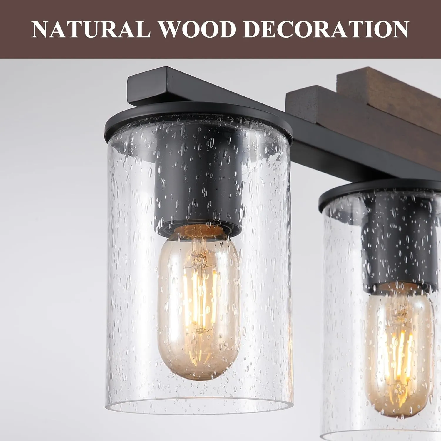 Farmhouse Wood Kitchen Island Lighting, 5-Light Adjustable Chandelier for Dining Room, Seeded Glass Shade Dining Room Light Fixture Over Table, Black Hanging Pendant Lights for Kitchen, Pool Table