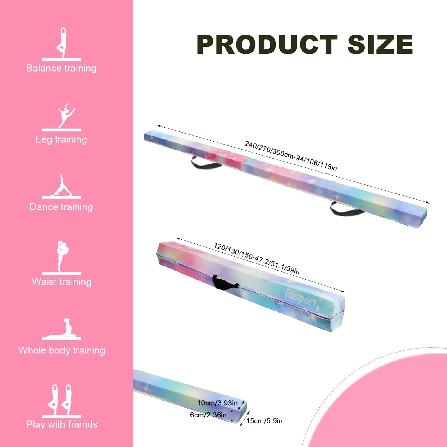 FBSPORT 8ft/9ft/9.5/10ft Balance Beam: Folding Floor Gymnastics Equipment for Kids Adults,Non Slip Rubber Base, Gymnastics Beam for Training, Physical Therapy and Professional Home Training