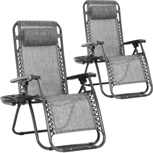 FDW Set of 2 Lawn Outdoor Deck Camping Folding Patio Beach Anti Recliner Pool Chair with Pillow and Cup Holder, Grey