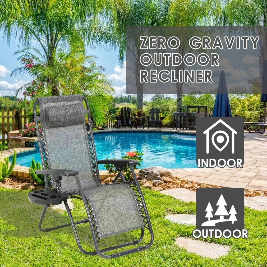 FDW Set of 2 Lawn Outdoor Deck Camping Folding Patio Beach Anti Recliner Pool Chair with Pillow and Cup Holder, Grey