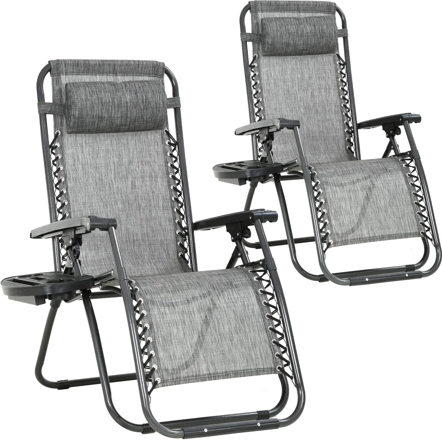 FDW Set of 2 Lawn Outdoor Deck Camping Folding Patio Beach Anti Recliner Pool Chair with Pillow and Cup Holder, Grey