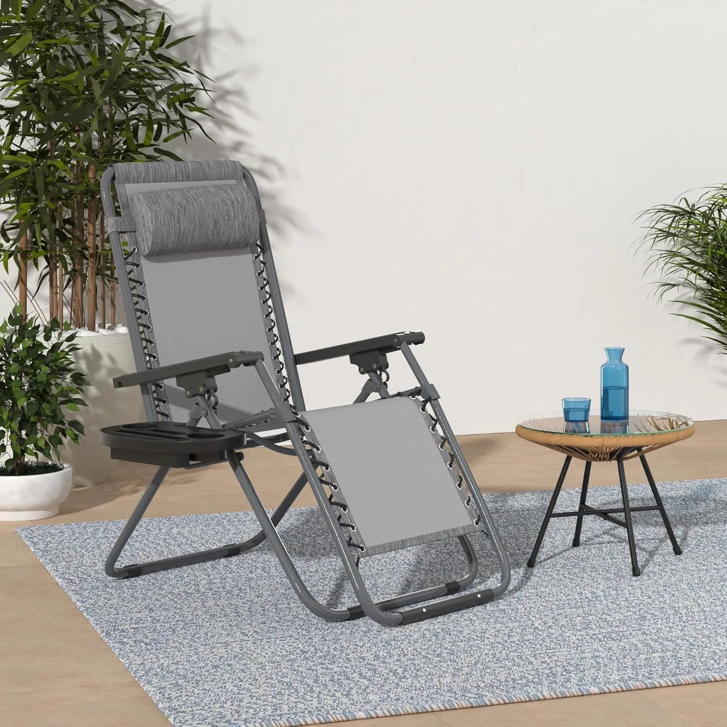 FDW Set of 2 Lawn Outdoor Deck Camping Folding Patio Beach Anti Recliner Pool Chair with Pillow and Cup Holder, Grey