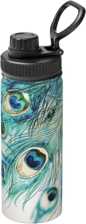 Feather of Peacock 18 oz Stainless Steel Water Bottles Insulated Sports Water Bottle with Handle, Watercolor Double Wall Travel Water Flask for Men Women