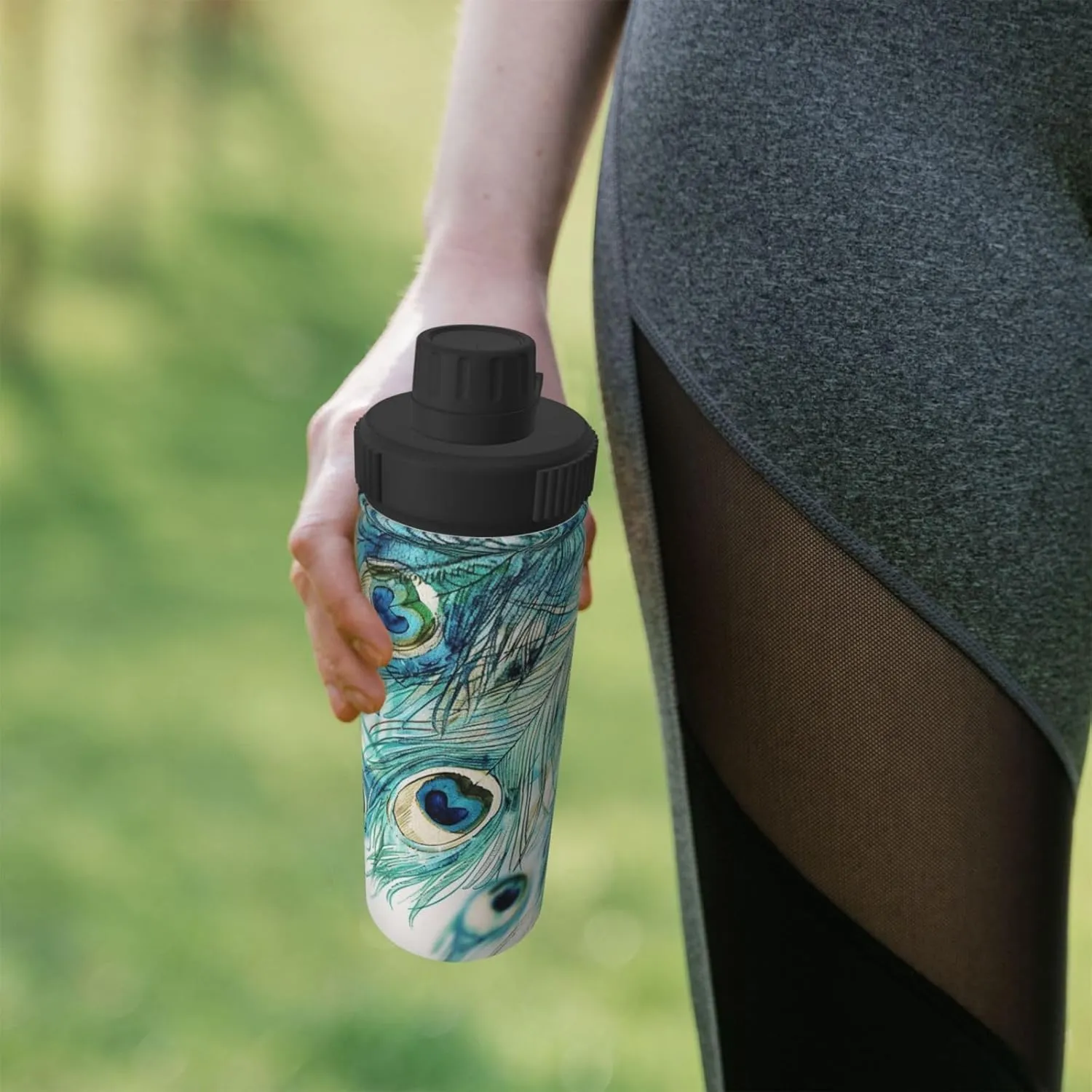 Feather of Peacock 18 oz Stainless Steel Water Bottles Insulated Sports Water Bottle with Handle, Watercolor Double Wall Travel Water Flask for Men Women