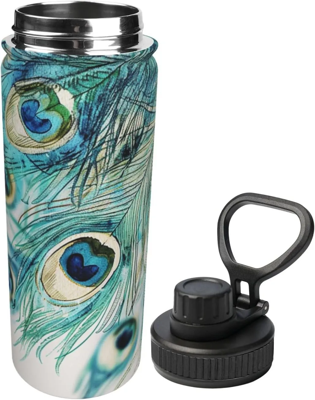 Feather of Peacock 18 oz Stainless Steel Water Bottles Insulated Sports Water Bottle with Handle, Watercolor Double Wall Travel Water Flask for Men Women