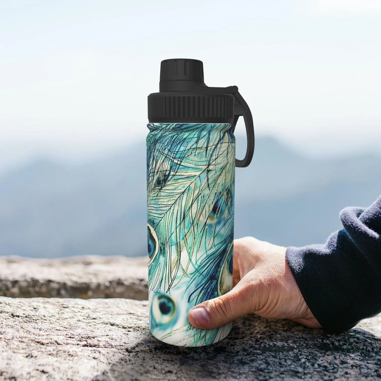 Feather of Peacock 18 oz Stainless Steel Water Bottles Insulated Sports Water Bottle with Handle, Watercolor Double Wall Travel Water Flask for Men Women