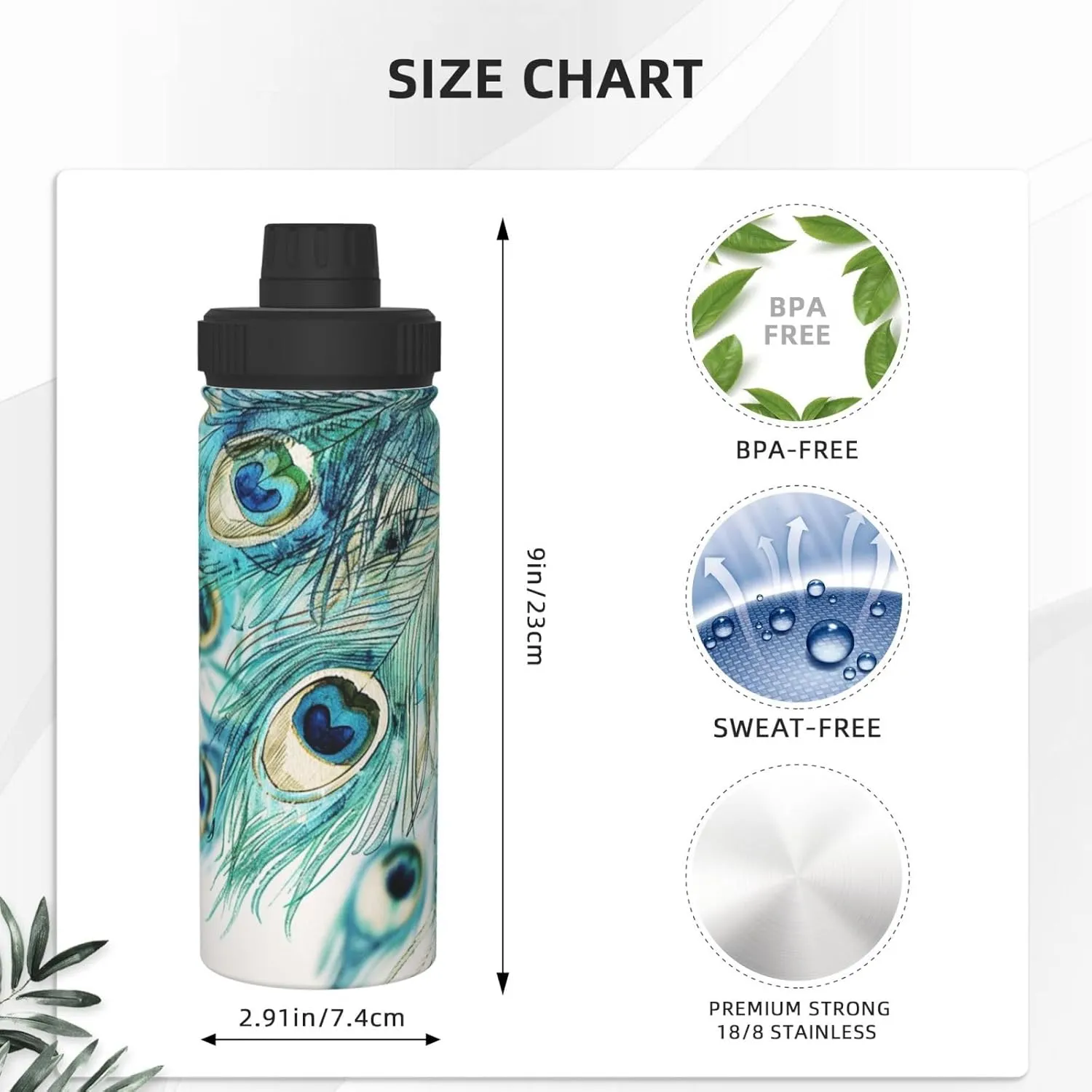 Feather of Peacock 18 oz Stainless Steel Water Bottles Insulated Sports Water Bottle with Handle, Watercolor Double Wall Travel Water Flask for Men Women