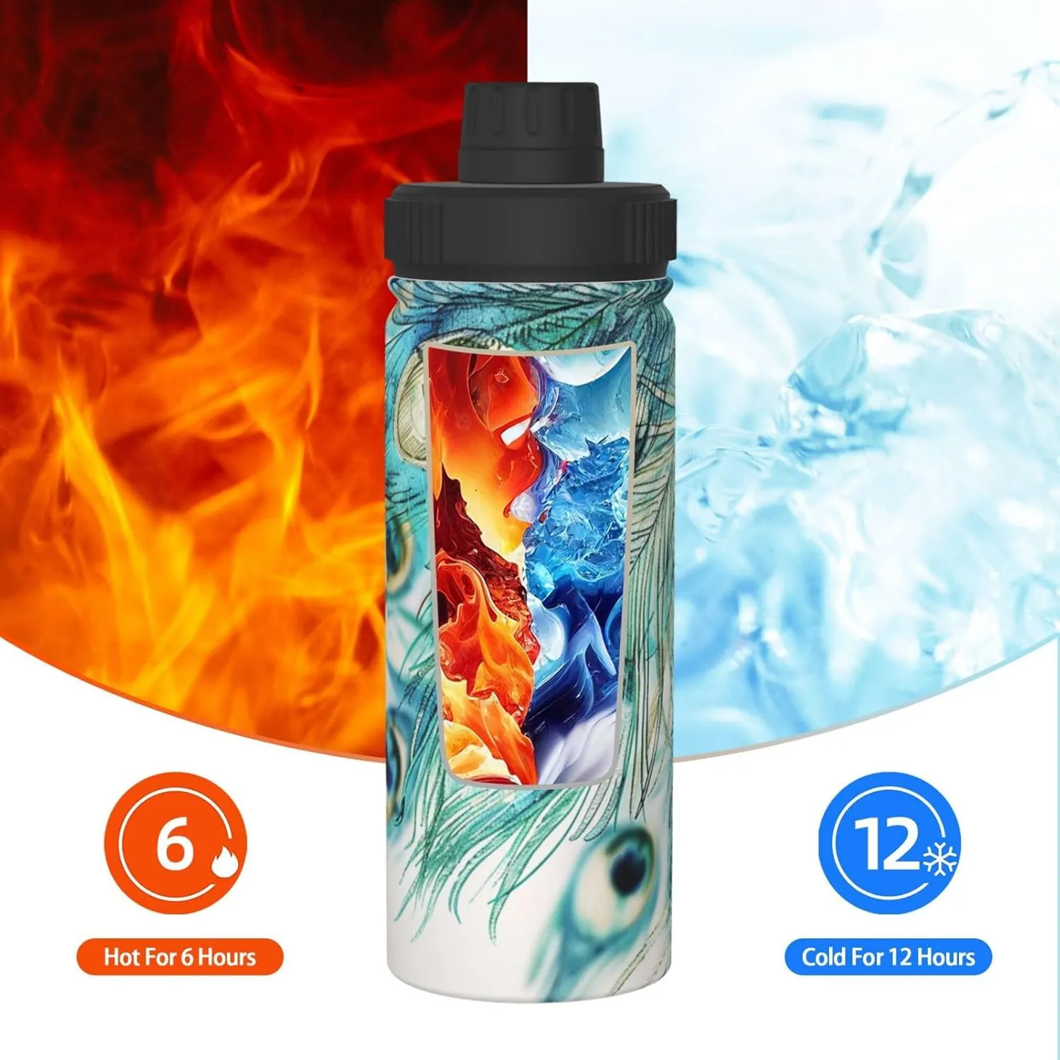 Feather of Peacock 18 oz Stainless Steel Water Bottles Insulated Sports Water Bottle with Handle, Watercolor Double Wall Travel Water Flask for Men Women