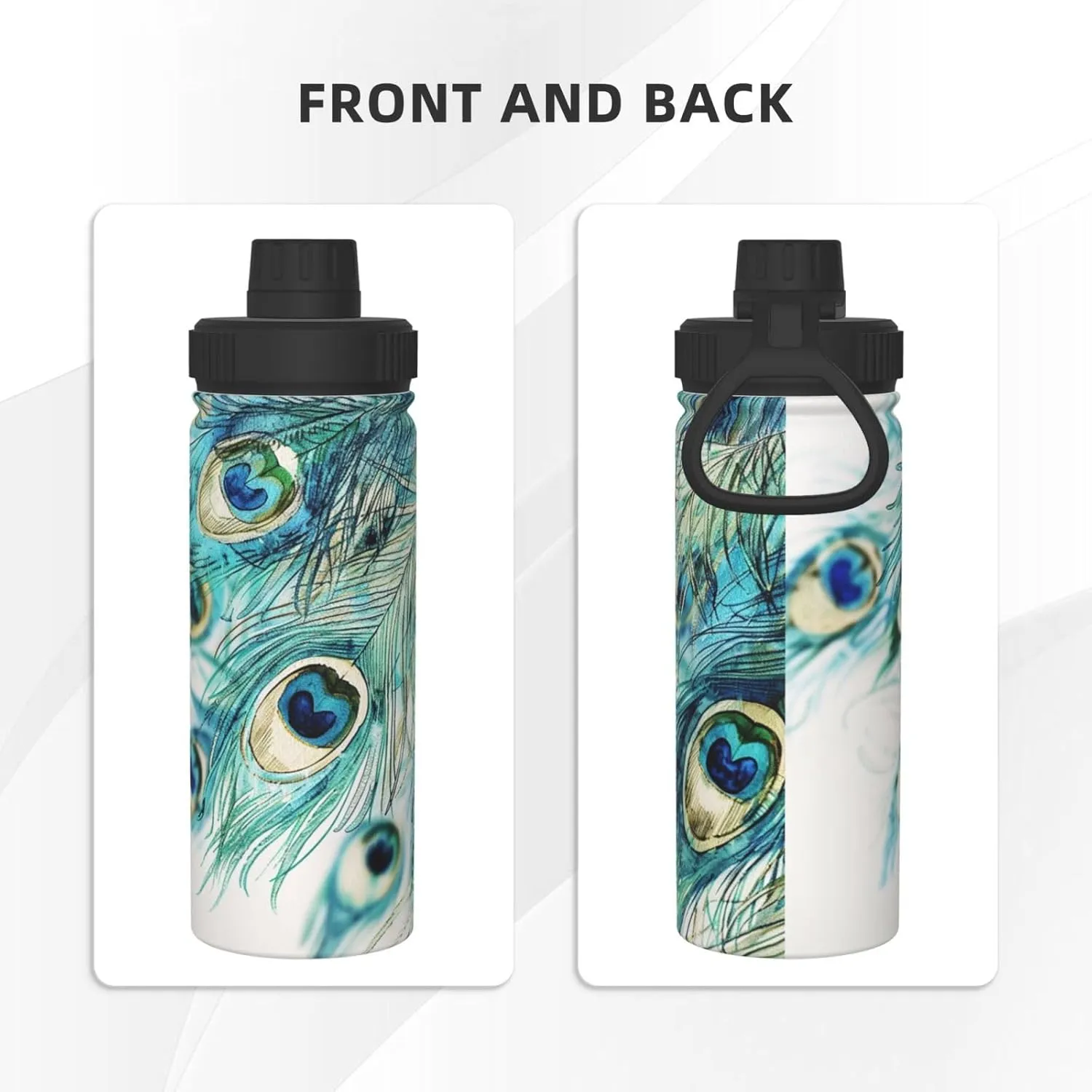 Feather of Peacock 18 oz Stainless Steel Water Bottles Insulated Sports Water Bottle with Handle, Watercolor Double Wall Travel Water Flask for Men Women
