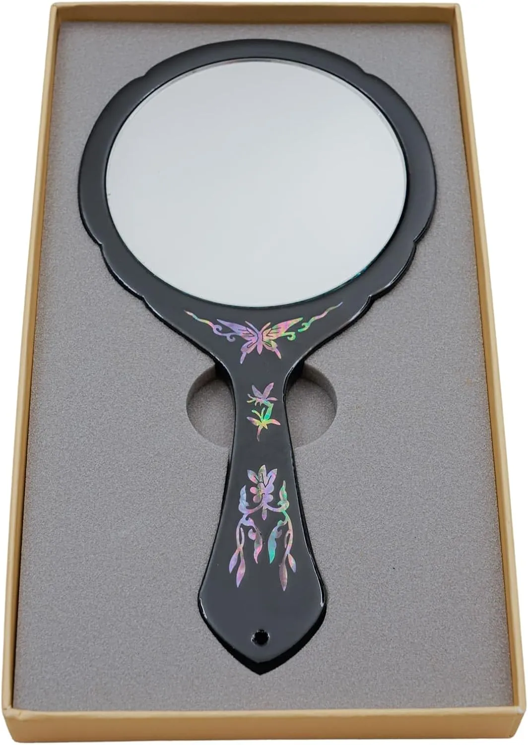 February Mountain Handcrafted Korean Mother-of-Pearl Hand Mirror - Lacquered Flower and Butterfly Design, Elegant Makeup Vanity Mirror, Compact and Travel Size (Flower - Black)