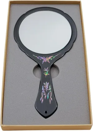 February Mountain Handcrafted Korean Mother-of-Pearl Hand Mirror - Lacquered Flower and Butterfly Design, Elegant Makeup Vanity Mirror, Compact and Travel Size (Flower - Black)