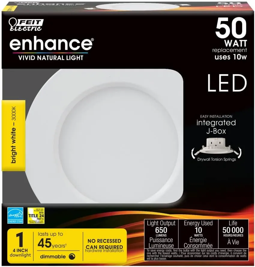 Feit Electric 4 inch Integrated J-Box LED Recessed Downlight - 3000K Bright White - Dimmable - 50W Equivalent - 45 Year Life - 650 Lumen