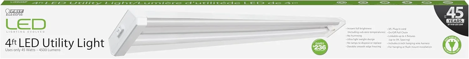 Feit Electric 4ft LED Dual Lamp Shop Light, 4500 Lumens, 4000K Cool White, Flush/Hanging Mount, Ideal for Garages & Workshops, 45W LED Garage & Workshop Lighting, 50,000 Hour Lifespan, SHOP/4X2/840/V1