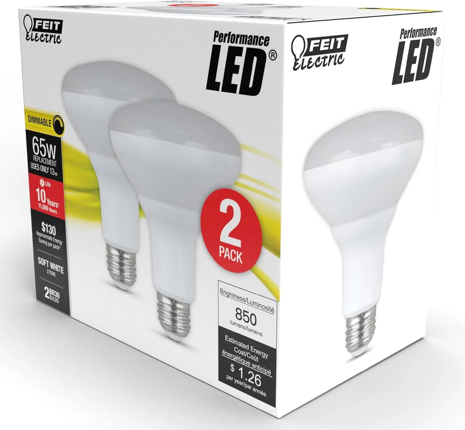 Feit Electric LED BR40 Bulbs, Dimmable, 65W Equivalent, 10 Year Life, 850 Lumens, E26 Base, 2700k Soft White, Flood Lights, Recessed Can Light Bulbs, Damp Rated, UL Listed, 6 Pack, BR40DM/10KLED/2/3
