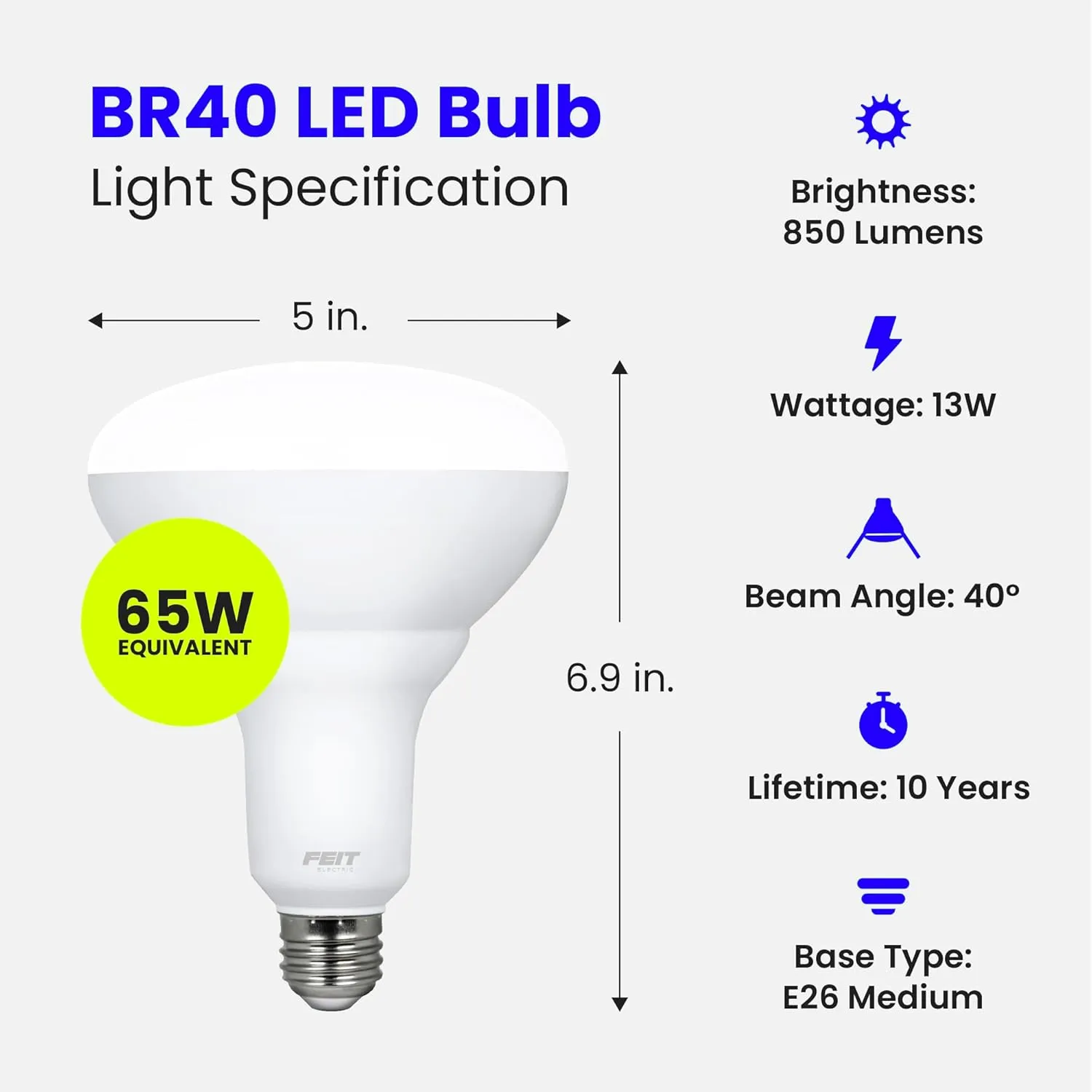 Feit Electric LED BR40 Bulbs, Dimmable, 65W Equivalent, 10 Year Life, 850 Lumens, E26 Base, 2700k Soft White, Flood Lights, Recessed Can Light Bulbs, Damp Rated, UL Listed, 6 Pack, BR40DM/10KLED/2/3