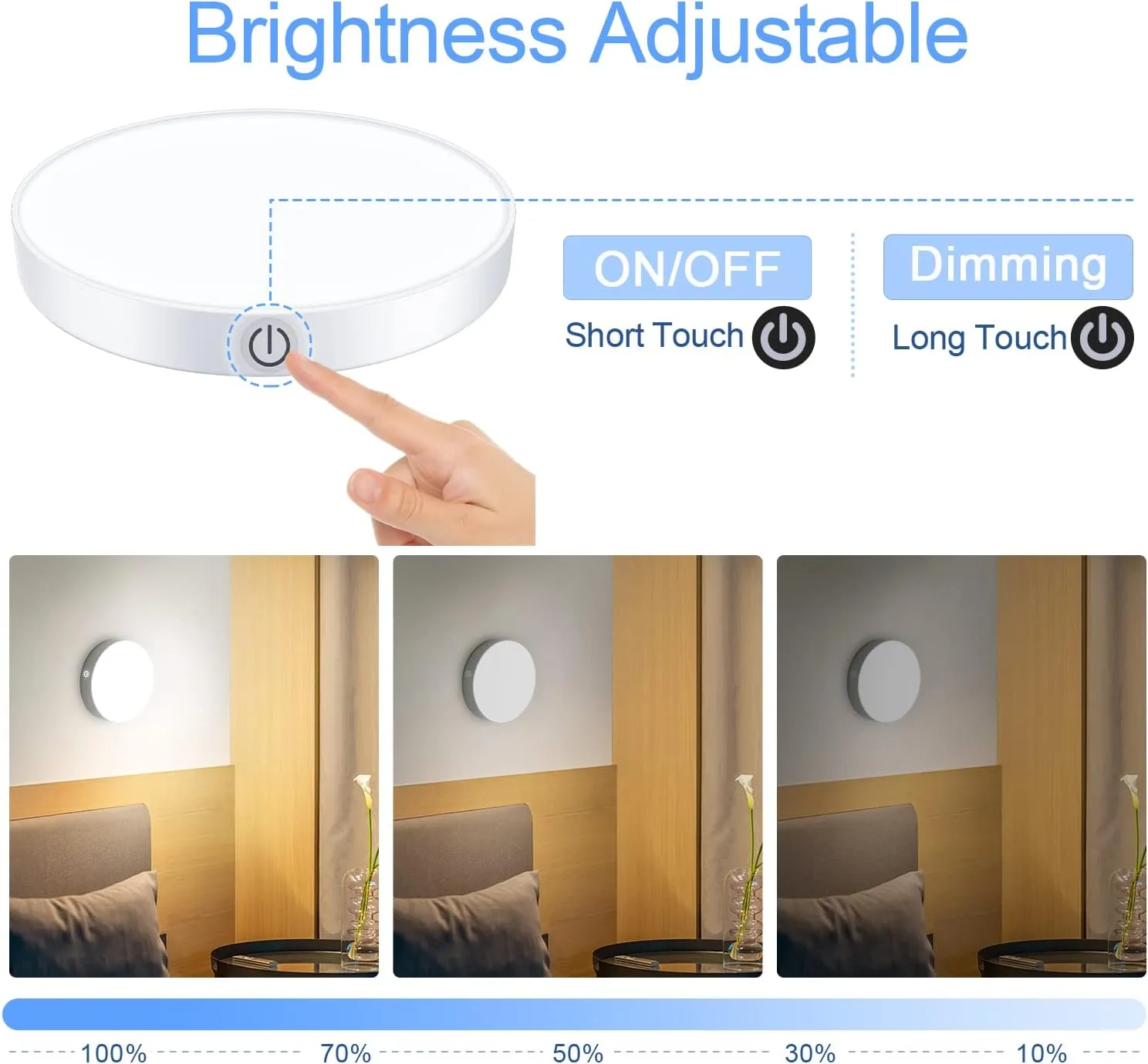 Ferswe Rechargeable Tap Lights, Dimmable Touch Night Lights with 1000mAh Large Battery, Stick on Light for Closet, Bedroom, Bathroom and Cabinet (2 Pack)