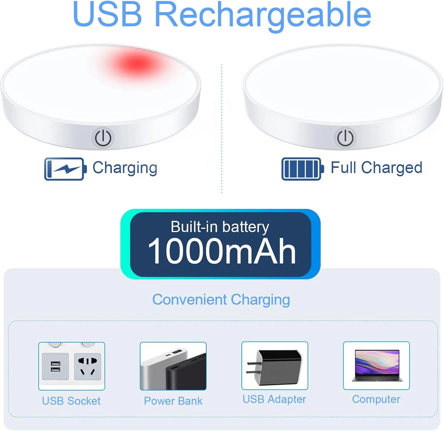 Ferswe Rechargeable Tap Lights, Dimmable Touch Night Lights with 1000mAh Large Battery, Stick on Light for Closet, Bedroom, Bathroom and Cabinet (2 Pack)