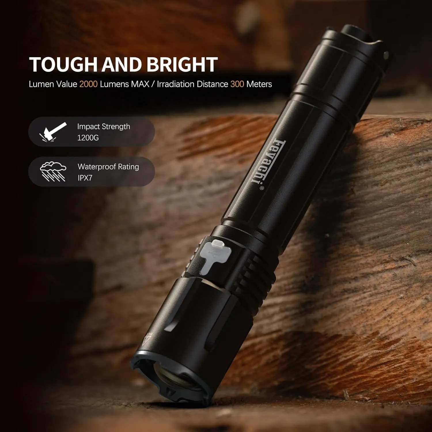 Feyachi Rechargeable Tactical Flashlight 2000 Lumen, Adjustable Focus Light with Pressure Switch, USB-C Charging, IPX7 Waterproof, 4 Modes (Ultra/High/Low/Strobe) for Hunting & Outdoor