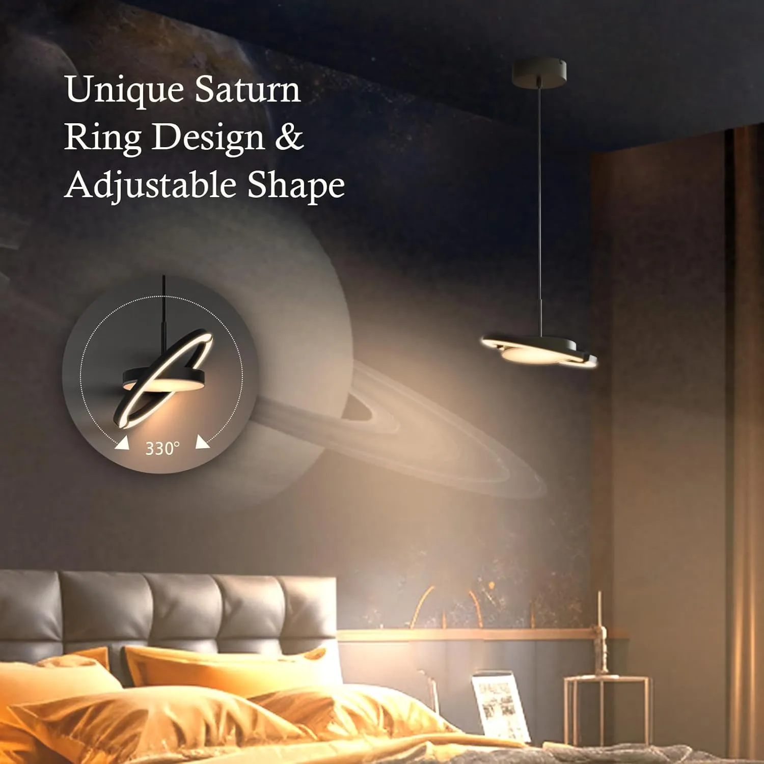 FIMEI LED Saturn Pendant Lights, 3000-6000K Dimmable Adjustable Hanging Chandelier Saturn Ring Design for Dining Room Kitchen Island Entryway Bedroom Foyer Black