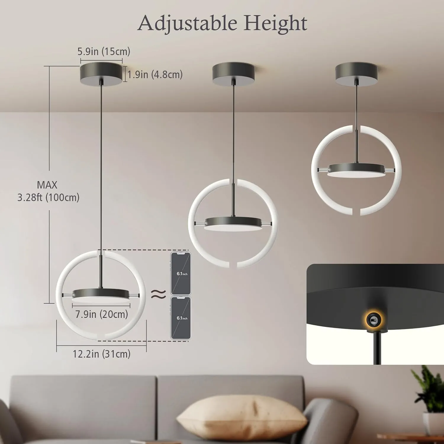 FIMEI LED Saturn Pendant Lights, 3000-6000K Dimmable Adjustable Hanging Chandelier Saturn Ring Design for Dining Room Kitchen Island Entryway Bedroom Foyer Black