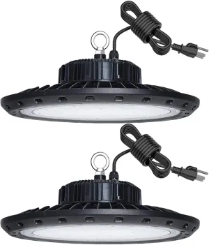 Fiqevs UFO LED High Bay Lights 500W 2 Pack, High Bay LED Light 70,000LM(1650W MH/HPS Eqv.) High Bay Lights 5' Cable with Plug, Hanging Hook, Safe Rope, High Bay Shop Light for Warehouse Factory Barn