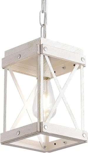 Fivess Lighting Modern Farmhouse Antique White Distressed Pendant Light with Wood and Metal Cage, One-Light Adjustable Chains Rustic Mini Pendant Lighting Fixture for Kitchen Island Cafe Bar