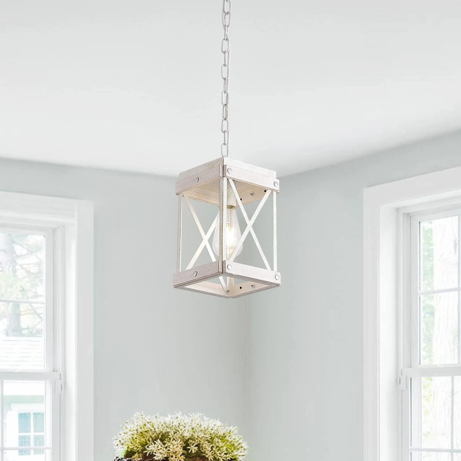 Fivess Lighting Modern Farmhouse Antique White Distressed Pendant Light with Wood and Metal Cage, One-Light Adjustable Chains Rustic Mini Pendant Lighting Fixture for Kitchen Island Cafe Bar