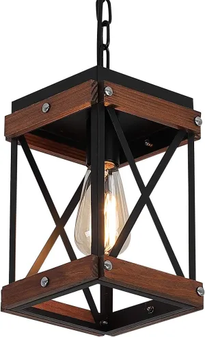 Fivess Lighting Rustic Farmhouse Pendant Light with Wood and Metal Cage, One-Light Adjustable Chains Industrial Mini Pendant Lighting Fixture for Kitchen Island Cafe Bar, Black