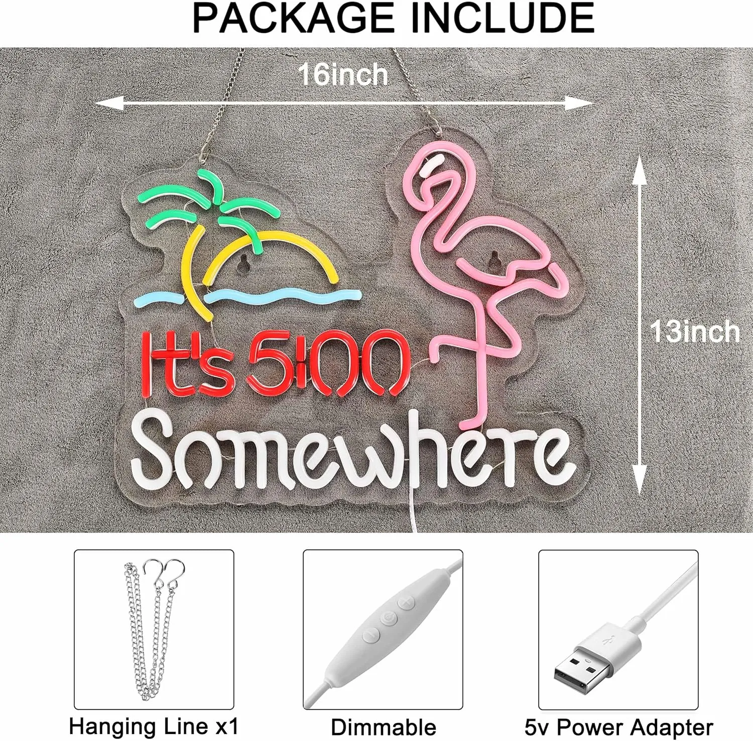 Flamingo Its 5 00 O'clock Somewhere Neon Sign for Wall Décor Dimmable LED Bar Beer Neon Light USB Powered Neon Art Signs