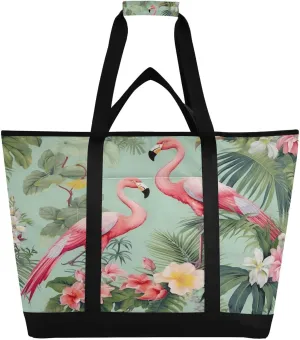 Flamingos Palm Flowers Reusable Insulated Lunchbox Cooler Bag, Leakproof Kitchen Grocery Bag Collapsible Portable Cooler Tote Bag for Picnic, Camping, Office, Travel