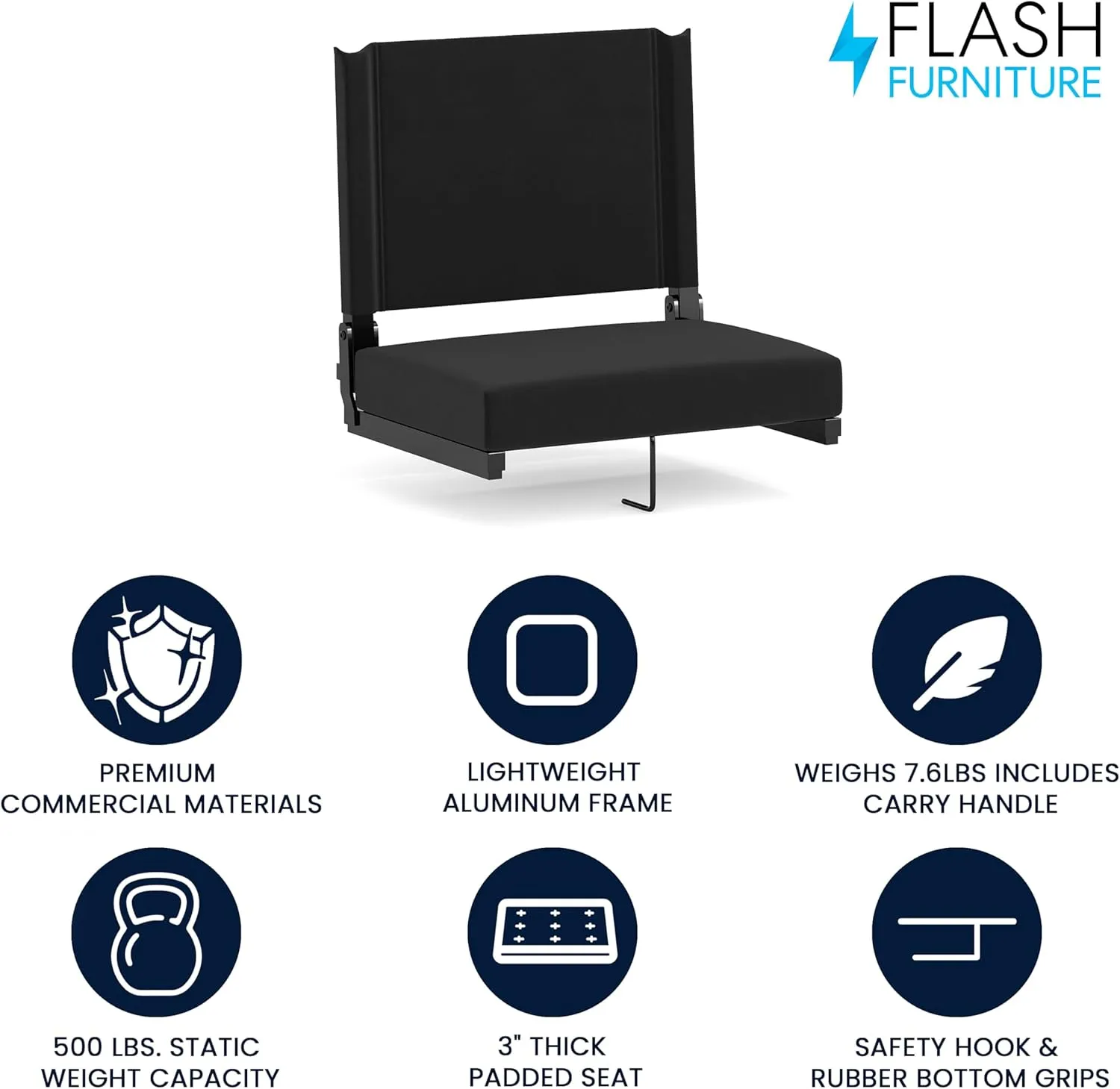 Flash Furniture Grandstand Portable Stadium Seat for Bleachers or Benches, Folding Padded Stadium Chair with Carrying Handle, 500 lb. Weight Capacity, Black