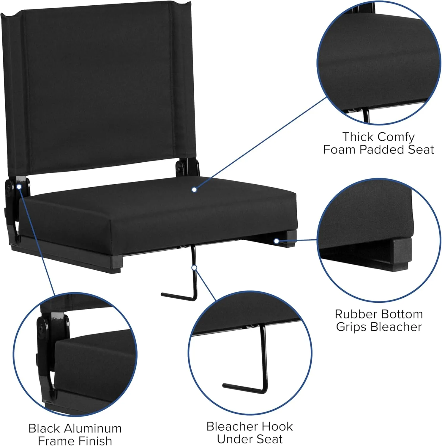 Flash Furniture Grandstand Portable Stadium Seat for Bleachers or Benches, Folding Padded Stadium Chair with Carrying Handle, 500 lb. Weight Capacity, Black