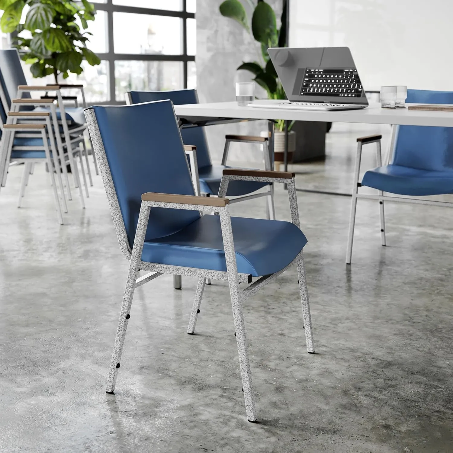 Flash Furniture Hercules Series Heavy Duty Navy Vinyl Stack Chair with Arms and Ganging Bracket, Set of 4