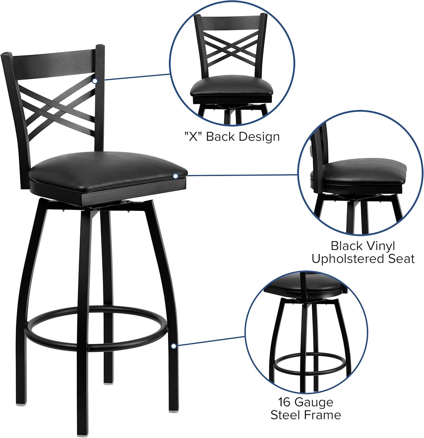 Flash Furniture Hercules Series "X" Back Metal Restaurant Barstool, Modern Upholstered Armless Bar Height Chair for Restaurants and Kitchens, Black