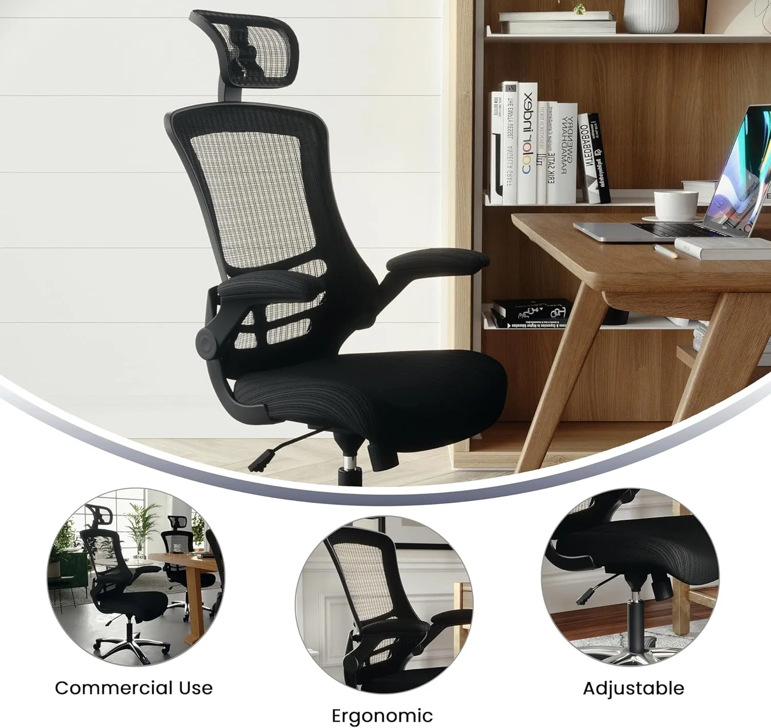 Flash Furniture Kelista High-Back Swivel Office Chair with Adjustable Lumbar Support and Seat Height, Ergonomic Mesh Desk Chair, Black